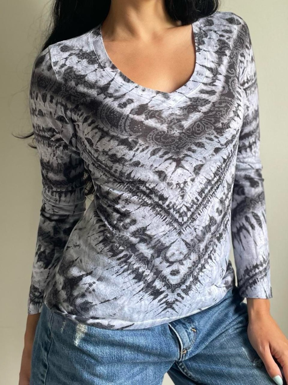 Marika Marble V-Neck Long Sleeve Top Size Small